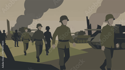 Minimalist illustration of soldiers marching with tanks in a war zone