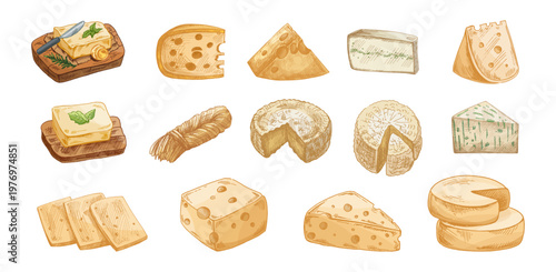 Hand drawn vintage sketch cheese collection set with different dairy products isolated food illustration engraving style elements pack