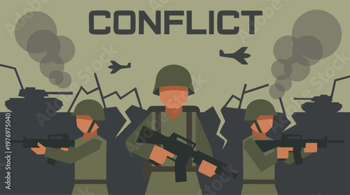 Flat Design Illustration of War, Soldiers, Tanks, and Airplanes