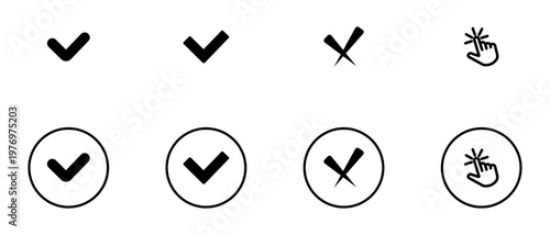 Check mark and clicking hand icon set with tick symbols, pointers, and click effects for UI and web use. Collection of validation symbols and navigation tools for websites.