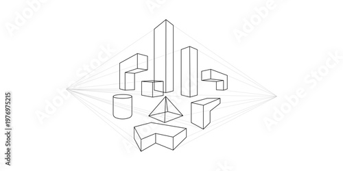 Geometry shape in two-point perspective. Educational line drawing demonstrating various geometric shapes in two-point perspective, with construction lines showing depth and vanishing points.