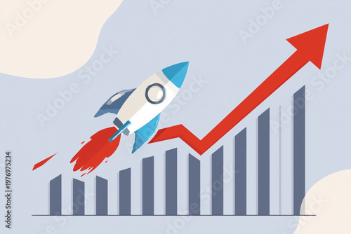 A rocket launching upwards on a bar graph illustrates a positive business growth trend