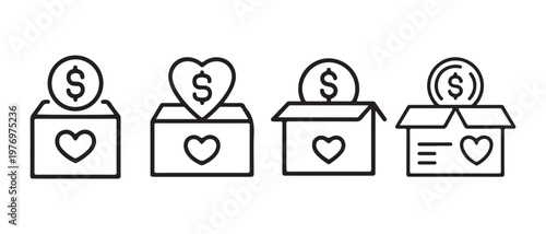 Donation Box Icons Set. with Money and Hearts, Flat Design Vector Illustration.