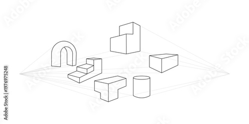 Geometry shape in two-point perspective. Line drawing of various geometric shapes, including an arch, stairs, and irregular blocks, illustrating two-point perspective with construction lines.
