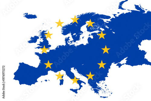 Map of Europe in blue with 12 yellow stars symbolizing the European Union against a plain white background