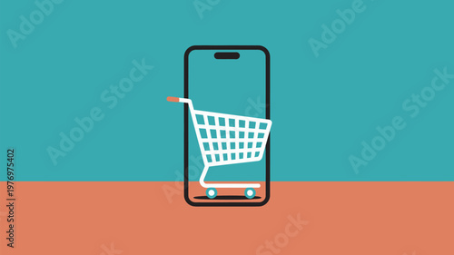 A graphic illustration of a shopping cart on a smartphone screen for online shopping and e-commerce