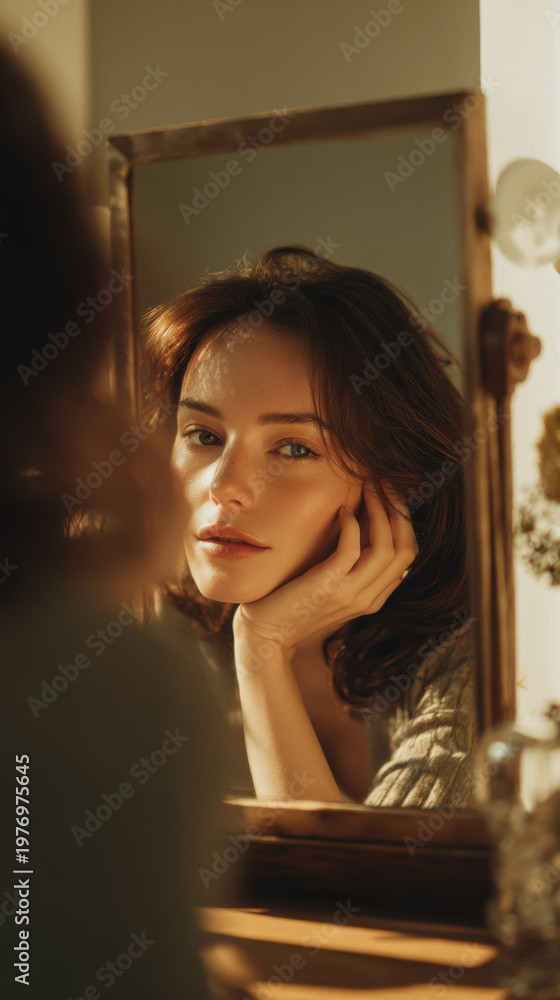 Fototapeta premium Woman looks into mirror while touching her neck in a sunlit room in the afternoon