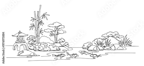 japanese garden pond landscape line art