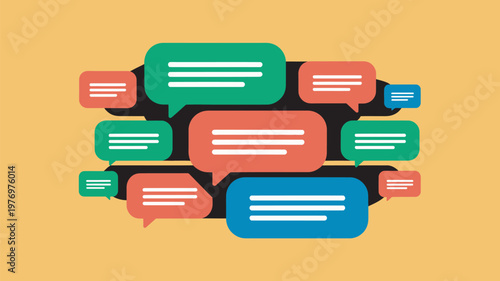 A colorful illustration of speech bubbles in various sizes and shapes on a bright yellow background