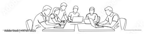 business team meeting working on laptops continuous one line drawing