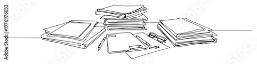 messy office desk with piles of paper continuous one line drawing