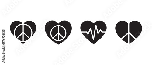 Hearts with Peace Signs and Heartbeat EKG, Flat Design Vector Illustration.