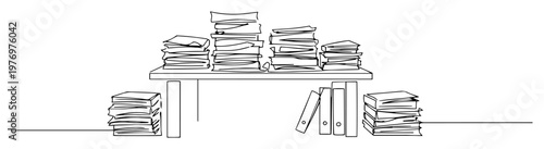 messy office desk with stack of papers continuous one line drawing