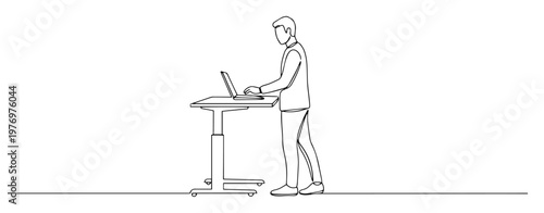 man working at standing desk with laptop one continuous line drawing