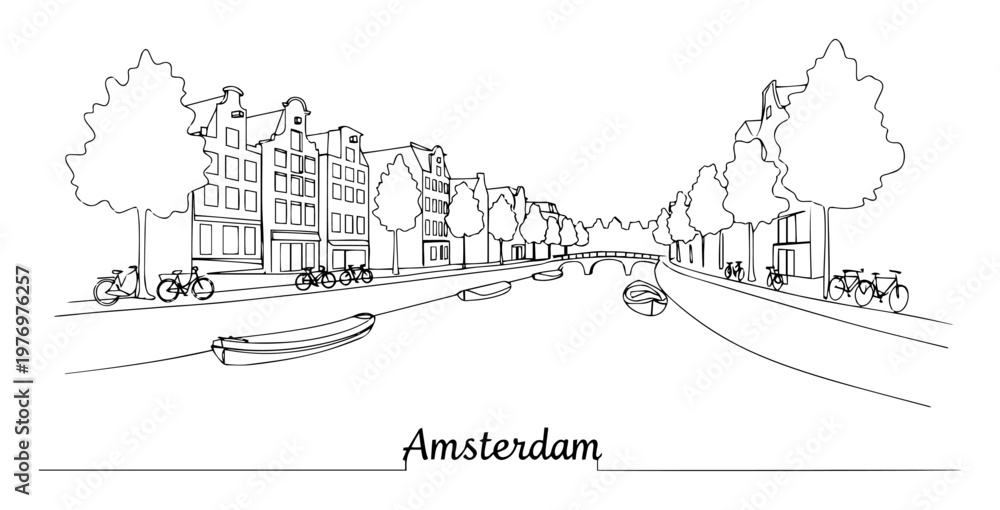 Naklejka premium amsterdam cityscape with canal continuous one line drawing