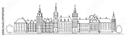 historic european palace architectural line drawing