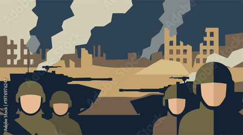 Urban Warfare Scene with Soldiers, Tanks, and Destroyed Buildings