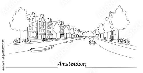 amsterdam cityscape with canal continuous one line drawing