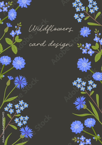 Blue wildflowers card design. Delicate blue hand drawn cornflowers, forget-me-nots, chicory flowers vector template. Botanical spring nature motifs for poster, invitation, thank you card.