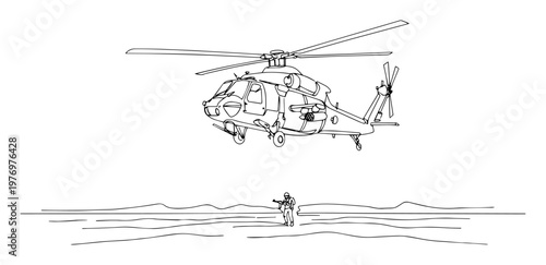 military helicopter and soldier on a mission continuous one line drawing