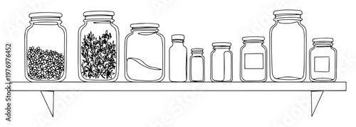 kitchen pantry shelf with glass jars of spices continuous one line drawing