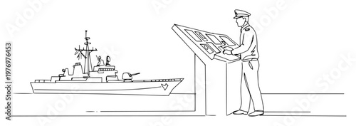 naval officer plotting course with warship backdrop line art scene