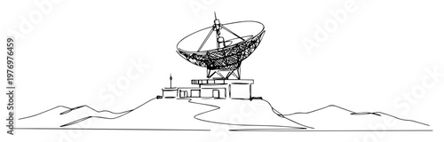 ground satellite radar station on mountain line art illustration