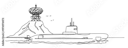 submarine patrolling coast near radar island base line art scene