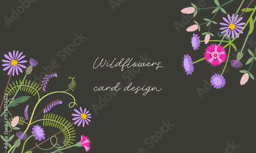 Pink wildflowers card design. Delicate pink hand drawn wild pea, aster, clover flowers vector template. Botanical spring nature motifs for poster, invitation, thank you card.