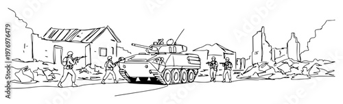 soldiers and armored personnel carrier amid ruined city line art illustration