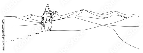 person riding camel in desert continuous one line drawing