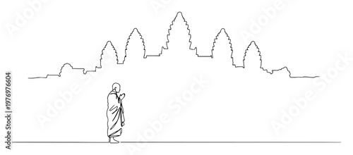 buddhist monk at angkor wat temple continuous one line drawing