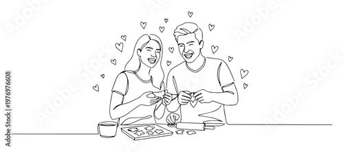 happy couple in love cooking together continuous one line drawing
