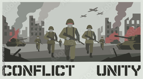 Minimalist illustration of war, soldiers, tanks, and destroyed city with 'CONFLICT UNITY' text.