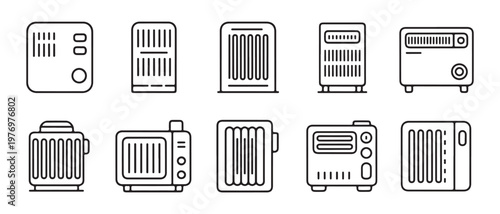 Set of electric heater icons, flat design, clean outline vector illustration.