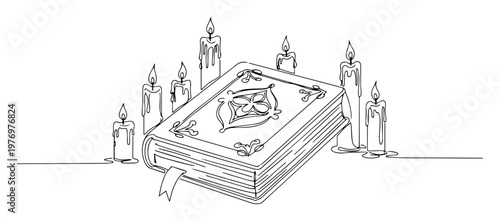 magic spell book with candles continuous one line drawing