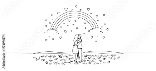 lesbian couple hugging under a love rainbow continuous one line drawing
