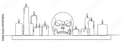 human skull and burning candles halloween ritual continuous one line drawing