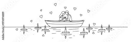 romantic couple in boat with floating candles continuous one line drawing