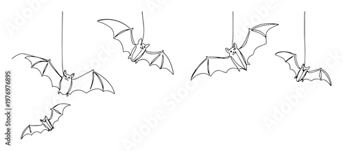 group of spooky halloween bats continuous one line drawing