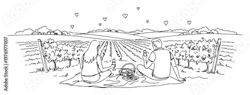 couple enjoying picnic in vineyard with hearts vector illustration