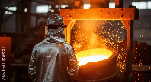 Steel Mill Worker in Heat Resistant Suit Monitoring Molten Metal Casting Process