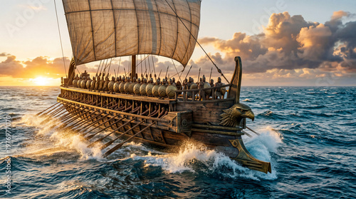 Cinematic shot of an ancient Roman galley ship featuring a bronze eagle prow, multiple tiers of rowing oars, and shields lining the hull, crashing through ocean waves at a golden sunset.