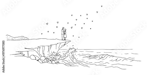 couple hugging on seaside cliff line drawing