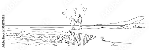 couple standing on rocky cliff by sea sketch