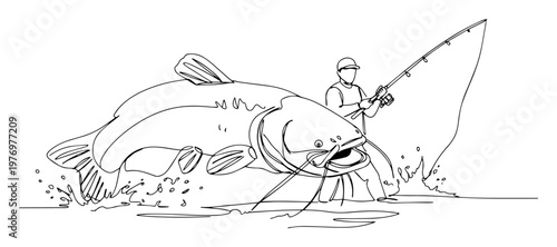 fisherman reeling large catfish vector illustration