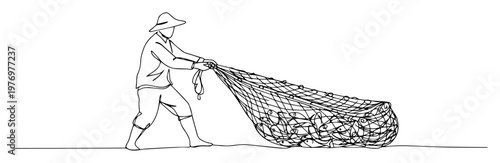 fisherman hauling fishing net vector illustration