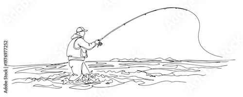 man fishing in river with waders line drawing