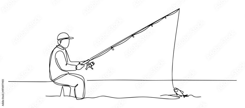 Fototapeta premium fisherman catching a fish with a rod continuous one line art vector