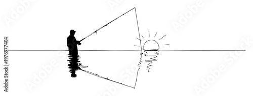 man fishing at sunset on calm lake sketch